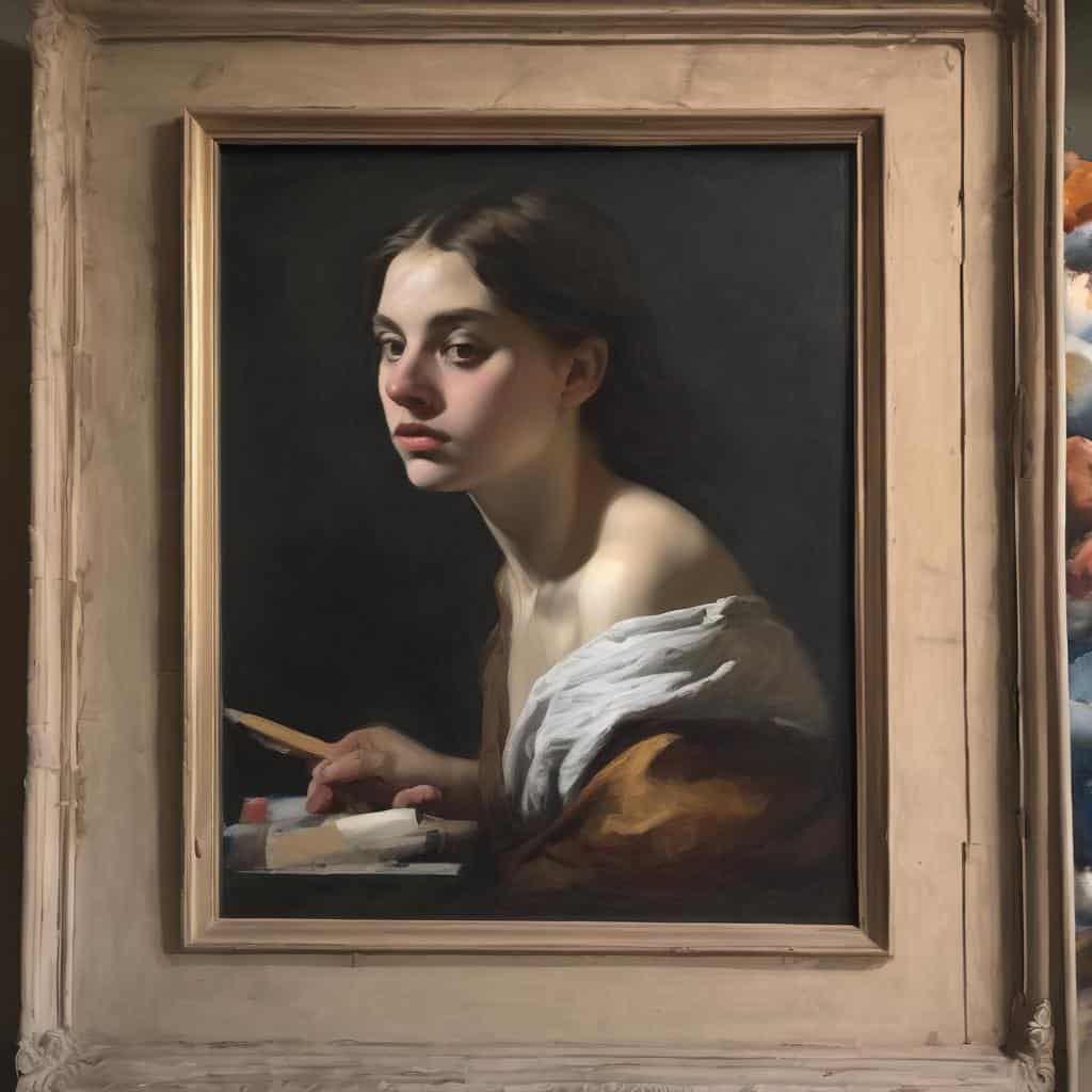 Πορτρέτο ρεαλιστικής νεαρης γυναίκας σε πίνακα ζωγραφικής, ζωγραφική τέχνη και ερωτήματα.