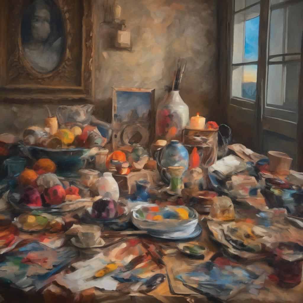 σύνθετη καλλιτεχνική σύνθεση, ρεαλιστική νυχτερινή ζωγραφική, εσωτερικό με πιάτα και αντικείμενα, ιδέες εννοιολογικής τέχνης, σύγχρονη τέχνη και ερωτήματα.